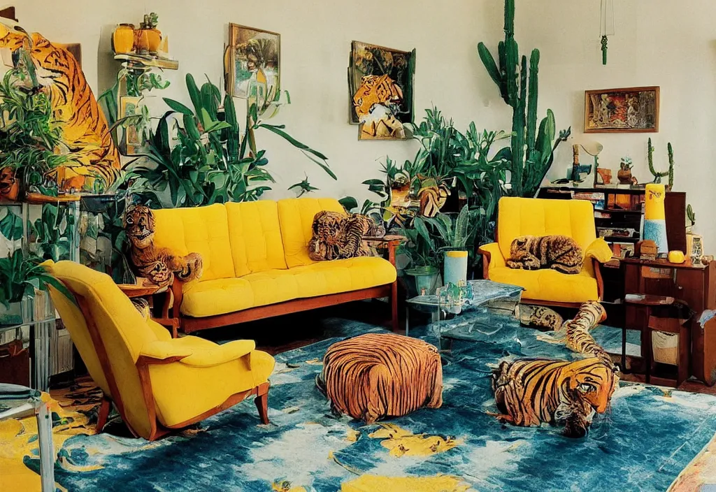 Prompt: 1970s interior magazine photo of two yellow armchairs with a lava lamp next to it, at dusk, with a tiger on the couch, wooden walls with framed art, and a potted cactus and some hanging plants, with dappled light