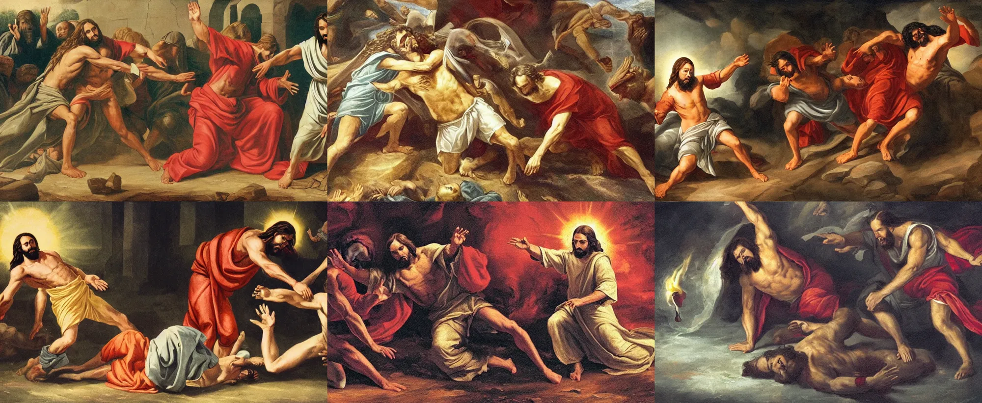 Prompt: photo of Jesus Christ pummeling bright red-skinned Satan in the face on the floor