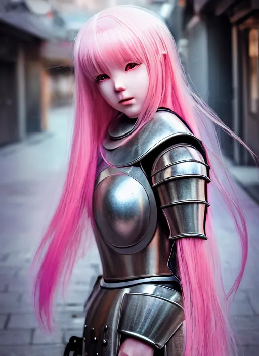 Prompt: a masterpiece ultrarealistic ultradetailed photograph of a lifelike real anime girl that is dressed in steel plate armor, pink hairs, on a busy city street, photoreal image, art by wlop, photoreal, highly rendered, blender, unreal engine, readable, extremely detailed, trending on artstation, sharp focus, 4 k, by artgerm