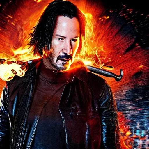 Prompt: keanu reeves as ghostrider, 8k, marvel movie, cinematic,