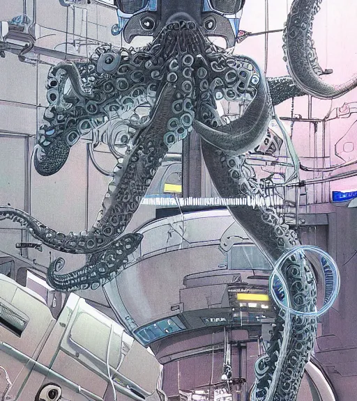 Image similar to a cybernetic realistic octopus in a space station, techwear, Industrial Scifi, detailed illustration, character portrait, by Martin Grip Banksy and Moebius