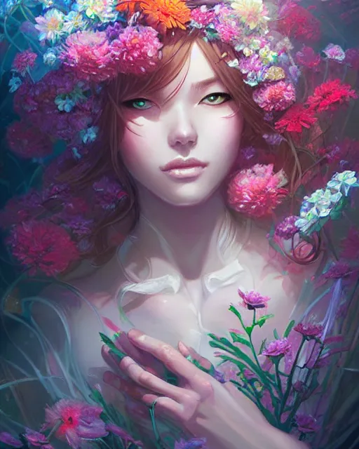 Image similar to a painting of a beautiful woman surrounded by flowers, an ultrafine detailed painting by ross tran, full body, featured on deviantart, fantasy art, detailed painting, deviantart, anime
