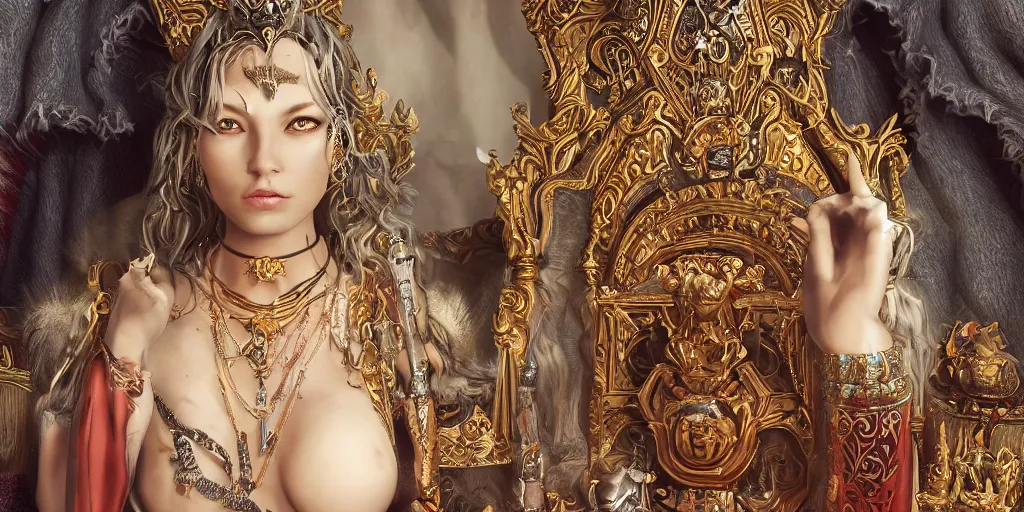 Image similar to painting of sorceress with intricate jewelry on a throne, immaculate scale, hyper-realistic, Unreal Engine, Octane Render, digital art, trending on Artstation, 8k, detailed, atmospheric, immaculate