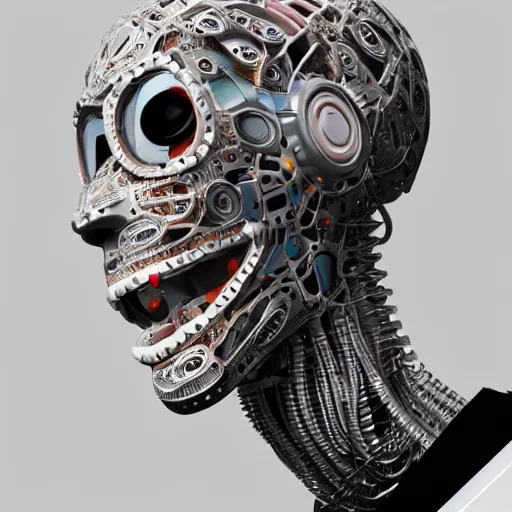 Image similar to Soundcloud robot rapper full of face tattoos and grills in its teeth, designed by Luigi Colani, smooth curvature design, ultra detailed, highly capsuled, detailed full body concept art, digital art, detailed intricate elegant, octane render, futuristic, led lights, 8k, 100 mm lens
