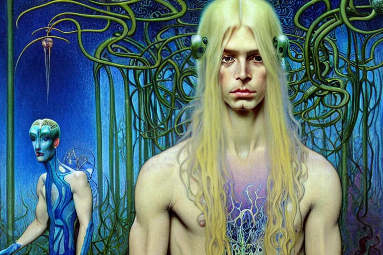 Prompt: realistic detailed portrait painting of a beautiful ghost man with blond hair with an alien, futuristic sci-fi forest on background by Jean Delville, Amano, Yves Tanguy, Alphonse Mucha, Ernst Haeckel, Edward Robert Hughes, Roger Dean, rich moody colours, blue eyes