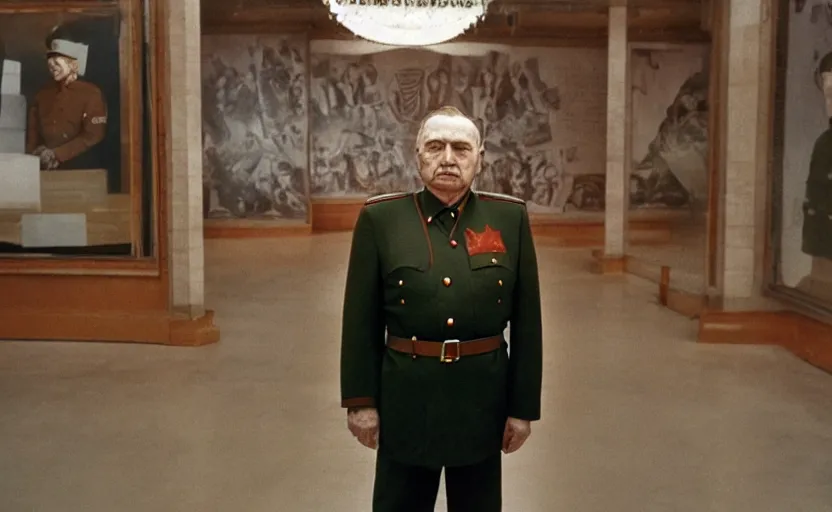 Prompt: 50s movie still close-up portrait of an elder soviet general standing in an empty giant stalinist style museum, by David Bailey, Cinestill 800t 50mm eastmancolor, heavy grainy picture, very detailed, high quality, 4k, HD criterion, precise texture and facial expression