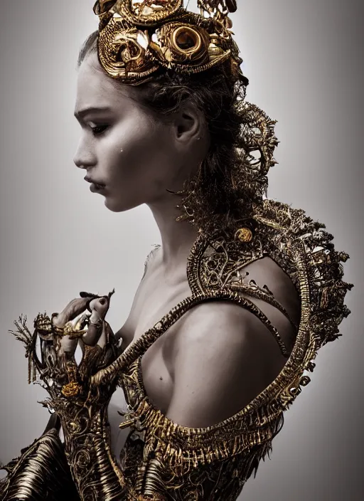 Image similar to a portrait of female model by stefan geselle and nekro borja, photorealistic, intricate details, hyper realistic, fantasy, ornate metal gold headpiece, photorealistic, canon r 3, photography, wide shot, photography, dark beauty, symmetrical features, wide angle shot, whole body, full body shot, standing pose