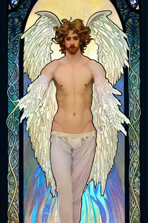 Prompt: full figure art nouveau window depicting a male angel with curly blond hairs, dressed with fluent clothes, majestic wings, luminous halo, by alfons mucha, d & d character, gradient white to gold, in front of an iridescent background, highly detailed portrait, digital painting, artstation, concept art, smooth, sharp focus, illustration, artstation hq