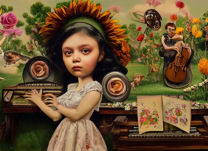 Prompt: 🌻🎹🎼, lowbrow in the style of camille rose garcia and mark ryden and salvador dali, 8 k, matte painting,