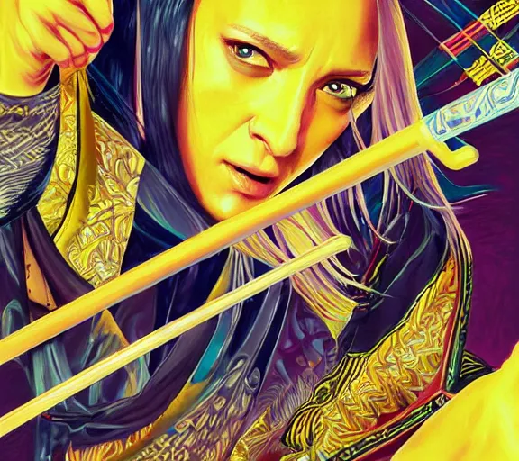 Image similar to breathtaking detailed pattern pastel colors, cinematic action scene from kill bill, with uma thurman in yellow kimono, swinging katana sword by wlop and artgerm, exquisite detail, enhanced eye detail