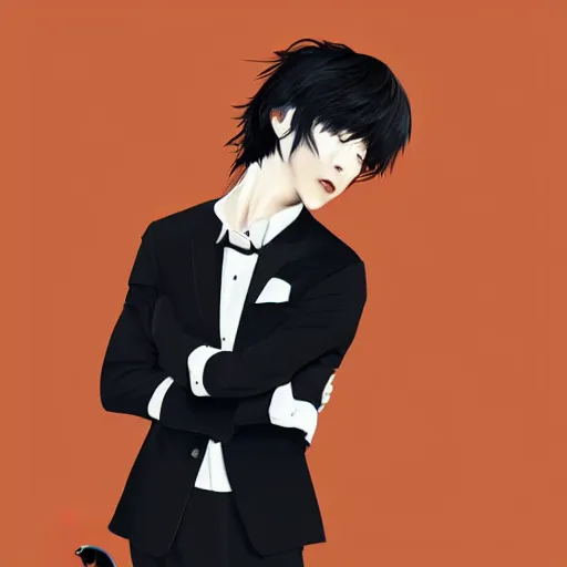 Image similar to portrait of a beautiful korean girl wearing a men's tuxedo, with short messy hair, men's haircut, angular features, angry expression, digital art, elegant pose, detailed illustration