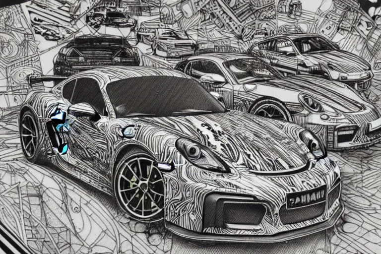 Image similar to a black and white drawing of a porsche cayman gt 4 rs, a detailed mixed media collage by hiroki tsukuda and eduardo paolozzi and moebius, intricate linework, sketchbook psychedelic doodle comic drawing, geometric, street art, polycount, deconstructivism, matte drawing, academic art, constructivism