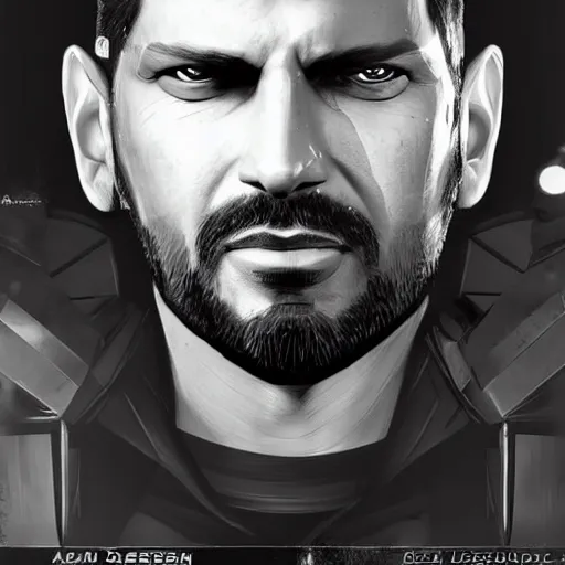 Prompt: Adam Jensen from Deus Ex as a GTA character, by Cedric Peyravernay, highly detailed, hyperrealism, excellent composition, cinematic concept art, dramatic lighting, trending on ArtStation