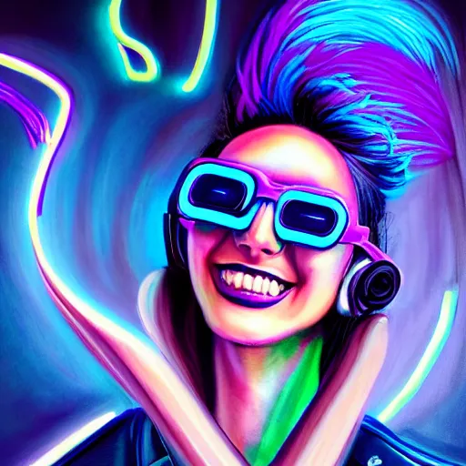 Image similar to closeup painting of a very beautiful young mexican cyberpunk woman with a smile, light blue neon shutter shades!! on her face, and a purple coloured leather jacket, one side haircut, long brown hair with light blue ends, portrait, sci - fi, hyperdetailed, cgsociety, synthwave by tangerine dream, by jean - michel jarre, by vangelis, by john carpenter