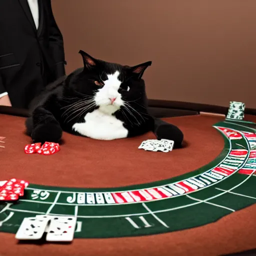 Prompt: fat mobster cat gambling at a poker table smokey photo