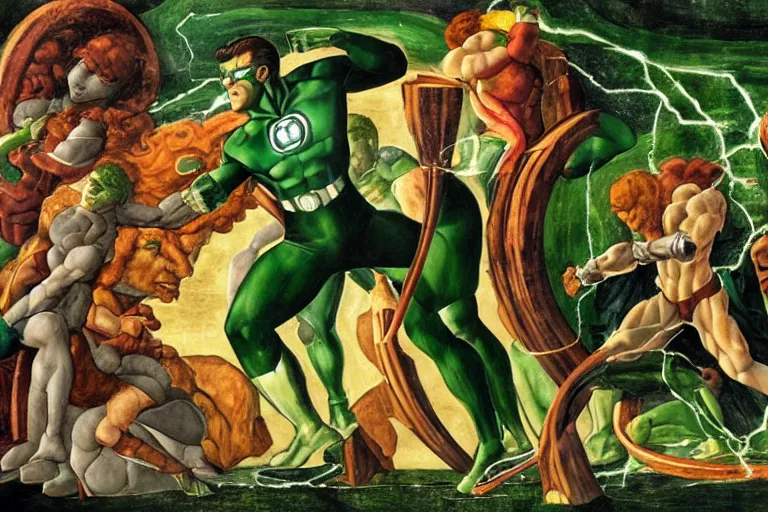 Image similar to multicolor sketch of green lantern creating a giant hammer by sandro botticelli in 4 k ultra high resolution, with inspiring feeling