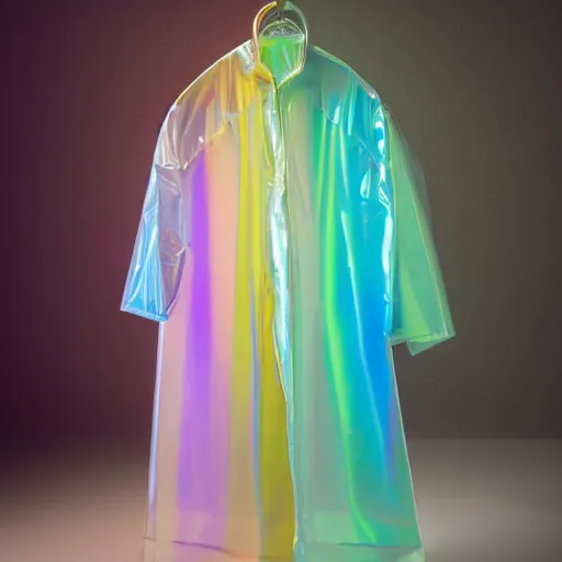 Image similar to an ultra high definition professional studio quality photograph of a transparent iridescent perspex pastel coloured raincoat on a white coat hook in an empty white room. dramatic lighting, ray tracing, refraction, shallow d. o. f, colour corrected, golden ratio, three point light. light rays.