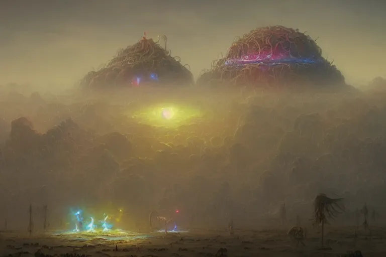 Image similar to an intricate colorful matte painting of a herd of the flying Spaghetti Monster invading an alien world, by Christophe Vacher and Bastien Lecouffe-Deharme, trending on artstation