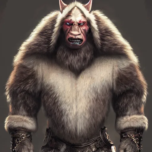 Image similar to A full body shot of a handsome orc looking into the camera wearing a fur jacket and boots, full body shot, artstation, realistic, highly detailed, symmetrical, hyper realism, high detail, octane render, unreal engine, 8k, fantasy art, intricate, highly detailed, concept art, art by artgerm