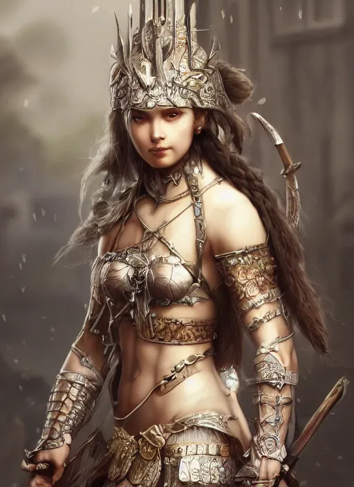 Image similar to detailed realistic character concept illustration pastel painting of a warrior princess in detailed clothing, insanely detailed and intricate, octane render, sss, postprocessing