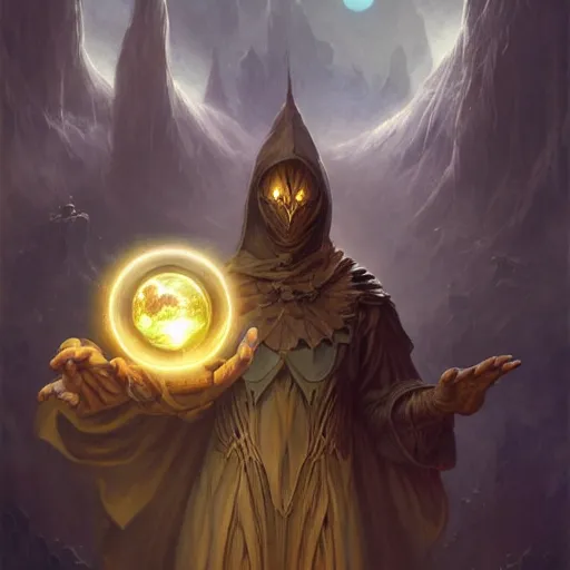 Image similar to creator of worlds wearing a cloak, masked, and holding a holographic planet projection in his hand, detailed, sci - fi, digital painting, artstation, sharp focus, illustration, ominous, artgerm, tomasz alen kopera, peter mohrbacher, donato giancola, joseph christian leyendecker, wlop, frank frazetta