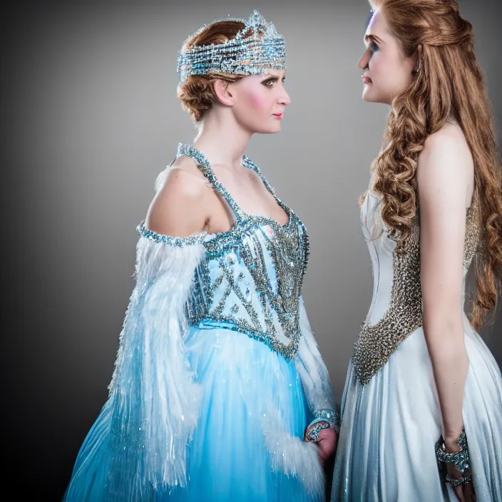 Prompt: photograph of a real-life beautiful ice queen in ornate dress comforting a woman. 8k