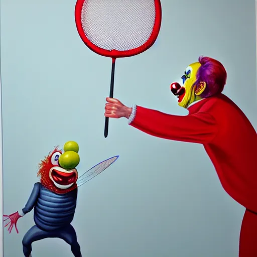 Image similar to hyperrealism painting from the housefly perspective getting swatted at from an angry and sick clown man with a fly swatter in the kitchen