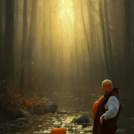 Prompt: epic masterpiece of cinematographic hyperrealism where a man dressed as a pumpkin appears, the background of the image is white. realistic shaded lighting poster by craig mallismo, artgerm, jeremy lipkin and michael garmash, unreal engine, radiant light, detailed and intricate environment, digital art, art station trends