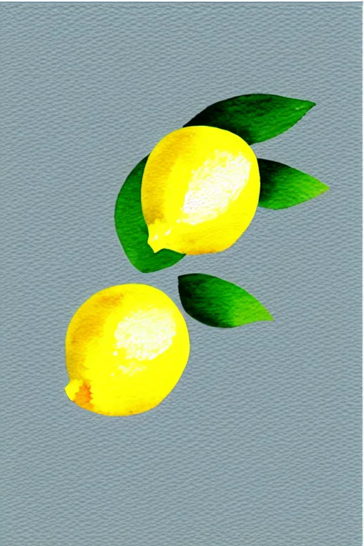 Prompt: minimalist watercolor art of a yellow lemon with green leaves, illustration, vector art