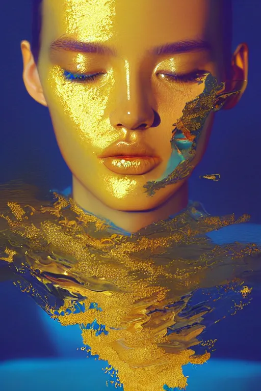 Prompt: 3 d, close - up, liquid gold and blue water, sleepy fashion model, morning, sun rays, vogue cover style, poster art, hyper detail, intricate oil painting, multiple exposure, morning mood, 3 d, by tooth wu and wlop and beeple and greg rutkowski