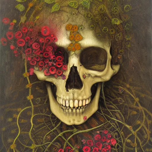Prompt: 'Life from death' A beautiful detailed aesthetic horror portrait painting depicting 'A skeleton with vines and flowers growing all over it, birds and bees flying all around it' by Odilon Redon, Trending on cgsociety artstation, 8k, masterpiece, cinematic lighting.