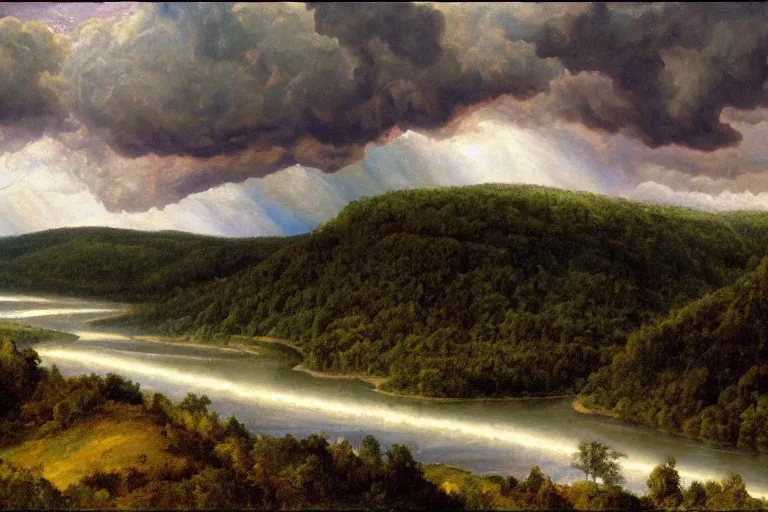 Prompt: two rivers converge to form one larger river, appalachian mixed mesophytic forest, roiling thunderstorm sky background, by Cortes Thurman the greatest Barbizon artist ever known and by Joe Jusko, rendered in hyperdetailed Ultra HD, trending on ArtStation, luminous