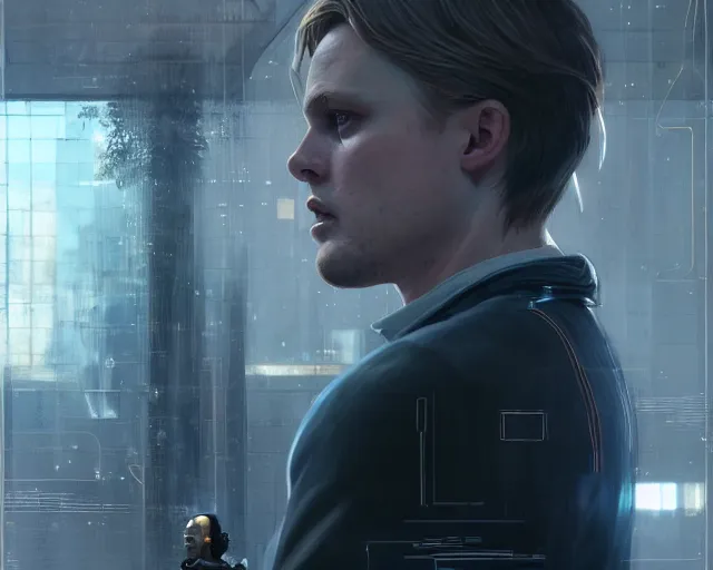 Image similar to highly detailed portrait of michael pitt as an android choking someone, in detroit : become human, stephen bliss, unreal engine, fantasy art by greg rutkowski, loish, rhads, ferdinand knab, makoto shinkai and lois van baarle, ilya kuvshinov, rossdraws, tom bagshaw, global illumination, radiant light, detailed and intricate environment