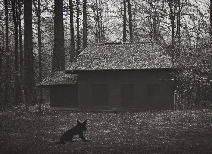 Prompt: house in the wood, black wolf guarding, Jakub Rozalski, lomography photo, blur, unfocus, red monochrome, oil painting