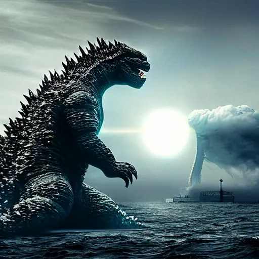 Image similar to godzilla attacking fukushima daiichi unit 4, dramatic lighting