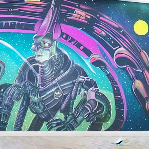 Image similar to aliens standard in an integalactic space port while viewing a large mural about humans