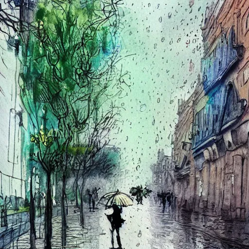 Image similar to pen with watercolor matte art painting of a beautiful green park in the middle of a modern old town city by banksy, carne griffiths and monet. Street photography. rainy day.