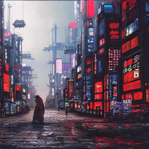 Prompt: in the style of grimshaw, vereshchagin, bauerfiend, canaletto, mesdag, saenredam ; neo tokyo cyberpunk night city with refuse, advertisements, screens, windows, and servers, tubs, vats, dumpsters