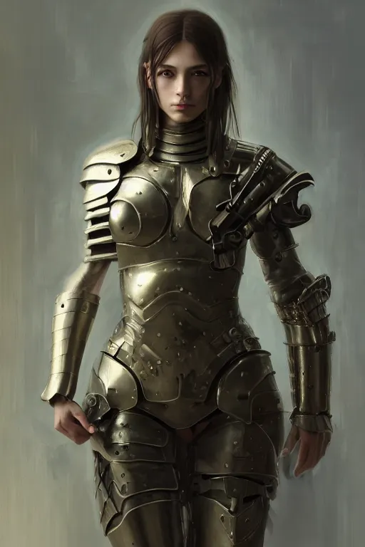 Image similar to a photorealistic painting of an attractive young girl, partially clothed in metal-plated battle armor, olive skin, long dark hair, beautiful bone structure, symmetrical face, perfect eyes, intricate, elegant, digital painting, concept art, illustration, sharp focus, minimal artifacts, from Metal Gear, in the style of Ruan Jia and Mandy Jurgens and Greg Rutkowski, trending on Artstation, award winning