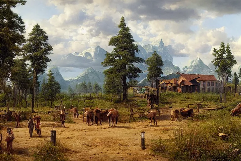 Image similar to A beautiful painting of a rural Westworld village by Ivan Shishkin, matte painting