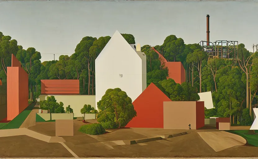 Prompt: geometric painting of industrial buildings surrounded by undergrowth by john currin
