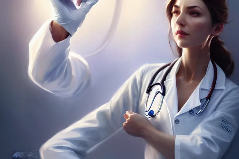 Image similar to a elegant and beautiful female doctor in a white coat in a clinic, cinematic, highly detailed, digital painting, artstation, concept art, matte, sharp focus, illustration, art by artgerm and greg rutkowski