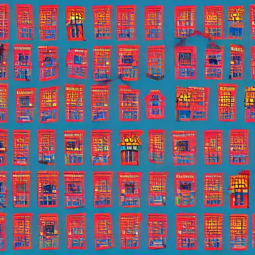 Image similar to a chinese prison, in the style of daniel johnston and outsider art, 8 k, line brush, minimal, brightly coloured, flat blocks of color, overlaid with chinese adverts