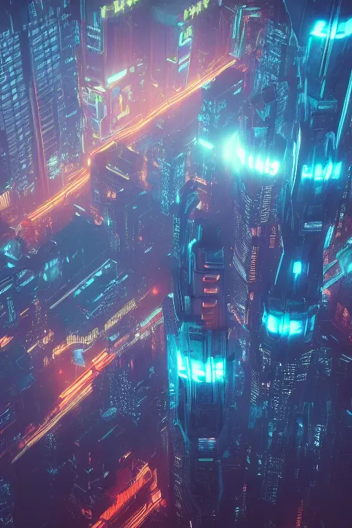 Image similar to an aerial photograph of a futuristic, blade runner city with heavy atmosphere. Flying vehicles. Volumetric light. Rainfall. Dystopic. Evening, neon lights. 8k. Filmic. By Dylan Cole. Highly detailed. Octane render.