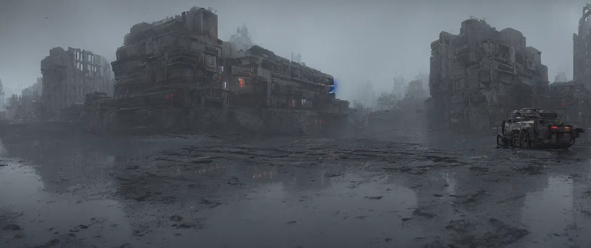 Prompt: heavy mechanical weapon by Ian McQue, concrete brutalism buildings by le corbusier on the background, dark, foggy, puddles of water, woods, high quality, volumetric lighting, cryengine