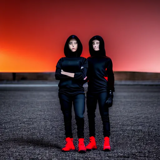 Image similar to photograph of 2 women wearing black techwear in front of a brutalist sharp - edged metal building, on a desolate plain, red eerie sky, sigma 8 5 mm f / 1. 4, 4 k, depth of field, high resolution, highly detailed, 4 k, 8 k, hd, full color