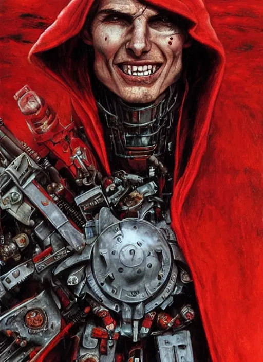 Image similar to portrait of rotten Tom Cruise as adeptus mechanicus in red hood and robe from Warhammer 40000. Highly detailed, artstation, illustration by and John Blanche and zdislav beksinski and wayne barlowe and Gustav Klimt