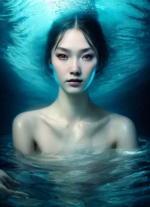 Image similar to an underwater photographic beauty portrait, cinematic, volumetric lighting, fantasy, intricate, elegant, highly detailed, digital painting, artstation, concept art, smooth, sharp focus, illustration, art by jingna zhang, ayami kojima, artgerm