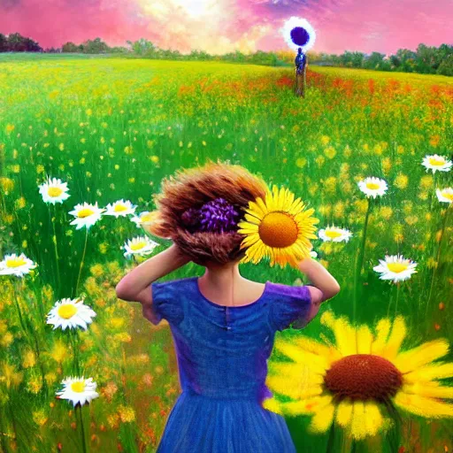 Image similar to full body daisy flower head, girl standing in a flower field, head hidden behind huge daisy flower, surreal photography, sunrise, dramatic light, impressionist painting, colorful clouds, digital painting, artstation, simon stalenhag