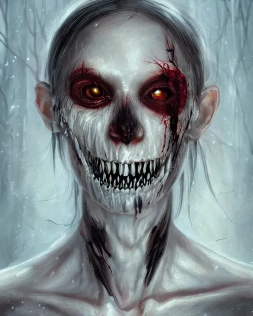 Image similar to Horrifying detailed painting of a pale, emaciated humanoid creature. It has sharp teeth and claws with pale milky eyes; snow, woods, blood; dark cinematic lighting, hyper detailed, moody; painted by Greg Rukowtski, trending on Artstation